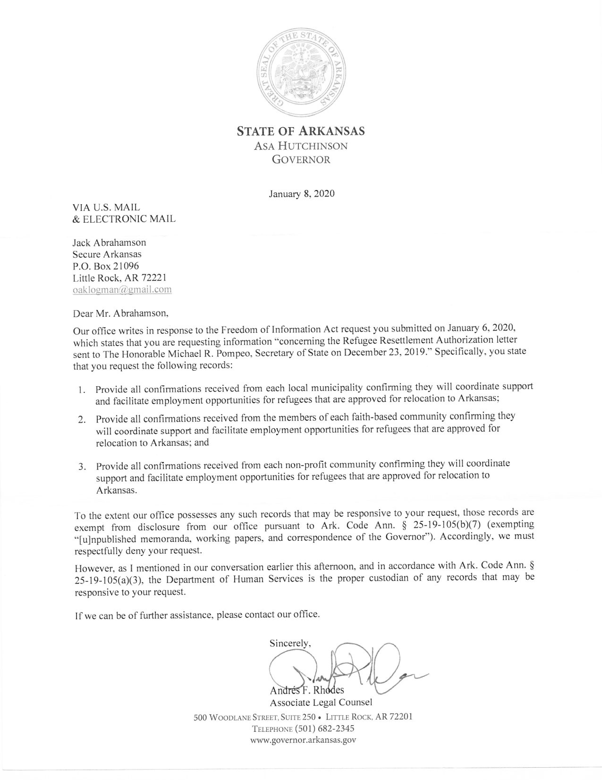 FOIA reply letter from Ark Gov re refugee resettlement program Jan 2020